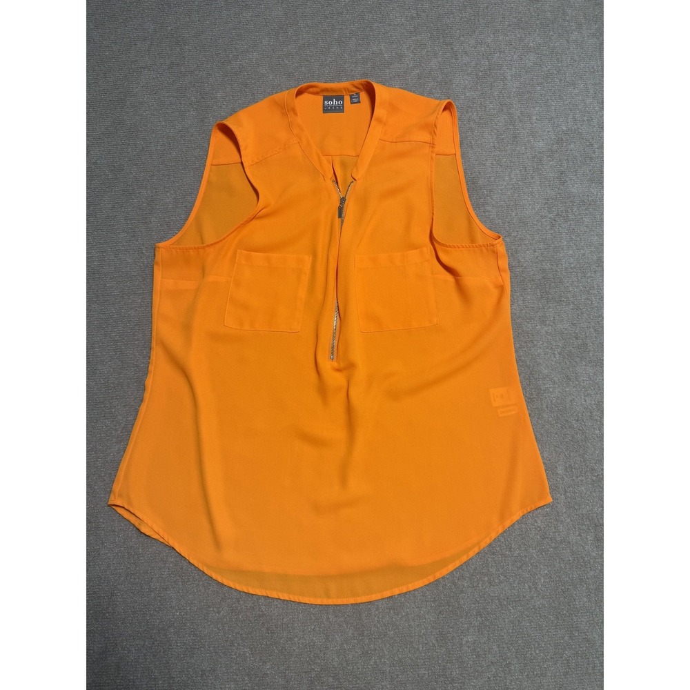 Soho New York & Company Jeans Blouse Womens XL Orange Sleeveless Zip Top Pockets
